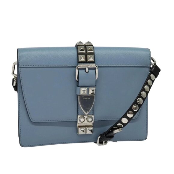 PRADA Shoulder Bag Leather Light Blue Silver Auth 118618 - Picture 1 of 15